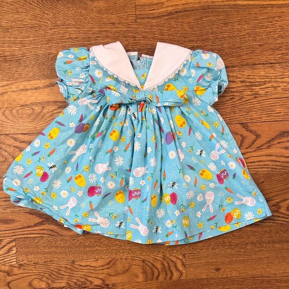 Handmade Blue Kids Dress with Easter Print (see measurements)